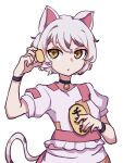  1girl absurdres animal_ears bangs bell calico cat_ears cat_girl cat_tail coin commentary crop_top gesture gold goutokuji_mike highres jingle_bell kame_(kamepan44231) koban_(gold) maneki-neko multicolored_clothes multicolored_hair multicolored_shirt multicolored_shorts multicolored_tail neck_bell orange_eyes patches patchwork_clothes short_hair shorts skirt streaked_hair tail touhou white_hair 