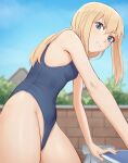  1girl annoyed bangs black_swimsuit blonde_hair blue_eyes blue_swimsuit breasts day from_side hair_between_eyes highleg highleg_swimsuit leaning_forward long_hair looking_at_viewer one-piece_swimsuit original outdoors sidelocks sky small_breasts solo sweat swimsuit thighs zoryc 