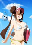  1girl adapted_costume bare_shoulders bikini blue_eyes bouncing_breasts breasts collarbone commentary_request covered_nipples day fingernails hair_between_eyes hat highres long_hair looking_at_viewer midriff mismatched_bikini navel one_eye_closed open_mouth outdoors pokemon pokemon_(creature) pokemon_(game) pokemon_bw2 rosa_(pokemon) shita_(yagisauce_07) skindentation sky smile striped striped_bikini swablu swimsuit tongue unaligned_breasts yellow_bikini 