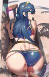  1boy 1girl absurdres alternate_costume anus ass back beach bent_over bikini bikini_aside blue_bikini blue_eyes blue_hair blue_swimsuit blush censored closed_mouth clothing_aside commentary commission day eyebrows_visible_through_hair feet_out_of_frame fire_emblem fire_emblem_awakening fire_emblem_cipher from_behind hair_between_eyes hetero highres long_hair looking_at_viewer looking_back lucina_(fire_emblem) mazenda_(3378) mosaic_censoring outdoors palm_tree penis pov pussy shadow skeb_commission smile solo_focus steaming_body swimsuit symbol-shaped_pupils thighs tiara tree 