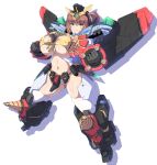  1girl bikini breasts brown_eyes brown_hair cleavage clenched_hand closed_mouth covered_nipples delta_gear eyebrows_visible_through_hair fang gaogaigar highres huge_breasts mecha_musume navel personification simple_background swimsuit thighhighs twintails white_background white_legwear yuusha_ou_gaogaigar yuusha_series 
