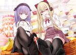  2girls ajax_(azur_lane) ajax_(valentine&#039;s_reward?)_(azur_lane) azur_lane banana black_gloves black_legwear black_skirt blonde_hair breasts butter cake cat_ear_headphones choker concord_(azur_lane) crossed_legs feet food fruit gloves gold_necklace hand_on_own_chin headphones high-waist_skirt long_hair medium_breasts miniskirt mole mole_under_eye muffin multiple_girls no_shoes off-shoulder_shirt off_shoulder official_alternate_costume oouso pancake pantyhose pink_skirt pleated_skirt purple_eyes purple_hair red_eyes sexually_suggestive shirt sitting skirt soles star-shaped_pupils star_(symbol) suggestive_fluid symbol-shaped_pupils thighband_pantyhose thighhighs twintails white_shirt zettai_ryouiki 