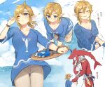  1boy bangs blonde_hair blue_eyes blue_shirt blush breasts cleavage clothes_pull cloud collarbone colored_skin commentary_request earrings fish from_side genderswap genderswap_(mtf) highres holding holding_tray jewelry large_breasts link male_focus medium_hair ocean one_eye_closed pants pointy_ears red_skin shirt shirt_pull short_ponytail sidon the_legend_of_zelda the_legend_of_zelda:_breath_of_the_wild translation_request tray ttanuu. wringing_clothes zora 