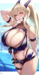 1girl armlet artoria_pendragon_(fate) artoria_pendragon_(lancer_alter)_(fate) bikini black_bikini blonde_hair blue_horns blue_sky blush breasts cross cross_necklace curvy eyebrows eyebrows_visible_through_hair fate/grand_order fate_(series) highres hirasawa_seiji horns huge_breasts jewelry long_hair looking_at_viewer mature_female navel necklace platinum_blonde_hair ponytail pool poolside signature sky summer swimsuit thighlet thighs water water_drop yellow_eyes 
