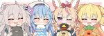  4girls ahoge animal_ears bangs blonde_hair check_commentary closed_eyes commentary_request daifuku_(yukihana_lamy) double_bun eyebrows_visible_through_hair fox_ears fox_girl hair_ornament heart_ahoge highres holding hololive kukie-nyan looking_at_viewer momosuzu_nene multiple_girls nekko_(momosuzu_nene) nepolabo omaru_polka one_eye_closed open_mouth partial_commentary purple_eyes shishiro_botan smile ssrb twitter_username virtual_youtuber yukihana_lamy zain_(omaru_polka) 