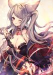  1girl animal_ears arm_up blurry blurry_background blush braid breasts breasts_outside cleavage closed_mouth collarbone erune fraux granblue_fantasy homaderi jewelry long_hair medium_breasts one_eye_closed pink_eyes smile solo twintails very_long_hair 