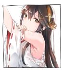  1girl armpit_crease black_hair brown_eyes commentary_request detached_sleeves hair_ornament hairband hairclip haruna_(kancolle) headgear japanese_clothes kantai_collection long_hair looking_at_viewer ribbon-trimmed_sleeves ribbon_trim satsumi simple_background solo upper_body white_background 