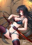  1girl adsouto akame akame_ga_kill! black_hair bra breasts cleavage collarbone criss-cross_halter eyebrows_visible_through_hair floating_hair gloves glowing glowing_eye grey_bra hair_over_one_eye halterneck highres holding holding_sheath holding_sword holding_weapon katana large_breasts long_hair open_mouth panties red_eyes red_gloves red_legwear red_panties sheath shiny shiny_hair signature solo sword thighhighs underwear underwear_only unsheathing very_long_hair weapon 