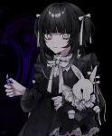 1girl 402_(o0_xxx) black_dress black_hair black_tears black_theme bow bowtie bunny colored_tears crying dress fire flame frilled_dress frills gothic hair_bow highres holding holding_lighter holding_stuffed_toy lighter long_hair long_sleeves looking_at_viewer original puffy_long_sleeves puffy_sleeves stuffed_animal stuffed_bunny stuffed_toy two_side_up very_long_hair white_bow white_eyes 