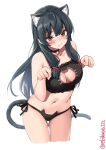  1girl animal_ears bangs bell black_bra black_choker black_hair black_panties blush bra breasts cat_bra cat_cutout cat_ear_panties cat_ears cat_lingerie cat_tail choker cleavage cleavage_cutout closed_mouth clothing_cutout collarbone ebifurya eyebrows_visible_through_hair highres isokaze_(kancolle) jingle_bell kantai_collection kemonomimi_mode large_breasts long_hair looking_at_viewer medium_breasts meme_attire navel neck_bell panties paw_pose red_eyes side-tie_panties simple_background solo stomach tail twintails twitter_username underwear underwear_only white_background 