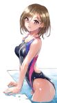  1girl black_swimsuit breasts brown_eyes brown_hair commentary_request competition_swimsuit cowboy_shot katahira_masashi looking_at_viewer nail_polish one-piece_swimsuit original pool poolside short_hair simple_background small_breasts solo swimsuit water wet wet_clothes wet_swimsuit white_background 