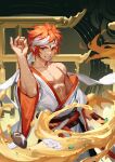  1boy bare_pectorals cooking food headband highres japanese_clothes kimono looking_at_viewer male_focus meme mosi_l onmyoji orange_hair parody pectorals red_eyes salt salt_bae_(meme) shokurei_(onmyoji) short_hair smile solo teeth toned toned_male white_headband white_kimono yukata 