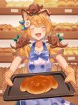  1girl alternate_costume animal_ears apron bakery blonde_hair blush bread dog dog_ears erune eyebrows_visible_through_hair fang food granblue_fantasy happy highres multiple_dogs open_mouth oven_mitts shop short_hair umiboozu_(uminoyoukai) vajra_(granblue_fantasy) 