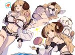  1girl ahoge anila_(granblue_fantasy) ball bikini blonde_hair breasts cleavage curled_horns draph granblue_fantasy highres hikimayu horns large_breasts layered_bikini long_hair lying mikuchi_sunkuo multiple_views on_back on_side orange_eyes paddle ribbon-trimmed_bikini sheep sheep_horns short_eyebrows swimsuit table_tennis_ball table_tennis_paddle 