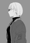  1girl absurdres bangs breasts closed_mouth commentary_request daigaku_jitome eyebrows_visible_through_hair from_side greyscale highres jacket long_sleeves monochrome orange_eyes original profile short_hair simple_background solo spot_color sweater upper_body 