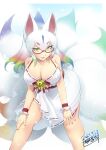 1girl :d alternate_costume animal_ears bangs bare_shoulders bell breasts commentary_request dated dress extra_ears fox_ears fox_girl fox_tail glasses gradient_hair hair_between_eyes hands_on_own_knees highres jingle_bell kemono_friends kyuubi kyuubi_(kemono_friends) large_breasts leaning_forward legs_apart long_hair looking_at_viewer multicolored_hair multiple_tails open_mouth rainbow_hair red-framed_eyewear sakuragi_rian semi-rimless_eyewear signature smile solo tail under-rim_eyewear white_dress white_hair wrist_cuffs yellow_eyes 