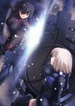  2girls armor armored_leotard back black_armor black_hair black_leotard bodysuit breasts closed_mouth commentary_request fate/grand_order fate/stay_night fate_(series) fighting hair_over_one_eye highres holding holding_shield holding_weapon large_breasts leotard light_purple_hair mash_kyrielight migiha multicolored_leotard multiple_girls one_eye_covered open_mouth ortenaus purple_eyes red_eyes shield short_hair tachie_(fate) teeth thighhighs weapon 