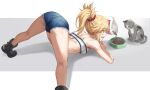  1girl ass bandeau bangs bare_shoulders blonde_hair blue_shorts boots bowl braid breasts cat cat_food commentary_request denim denim_shorts fate/apocrypha fate_(series) french_braid green_eyes hair_ornament hair_scrunchie highres jack-o&#039;_challenge kneepits long_hair mordred_(fate) mordred_(fate/apocrypha) open_mouth parted_bangs pet_bowl ponytail red_scrunchie revision scrunchie short_shorts shorts sidelocks small_breasts smile spread_legs strapless tonee top-down_bottom-up tube_top 