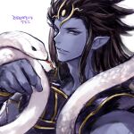  1boy armor black_hair blue_eyes colored_skin dated granblue_fantasy long_hair looking_at_viewer pointy_ears purple_skin shiva_(granblue_fantasy) simple_background snake solo upper_body uroko_(mnr) white_background 