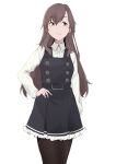  1girl absurdres arashio_(kancolle) bangs belt black_dress black_legwear brown_eyes brown_hair closed_mouth collared_shirt commentary_request daigaku_jitome dress eyebrows_visible_through_hair frilled_dress frills hair_between_eyes hand_on_hip highres kantai_collection long_hair long_sleeves pantyhose pinafore_dress remodel_(kantai_collection) shirt simple_background solo white_background white_shirt 