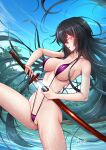  1girl adsouto akame akame_ga_kill! black_hair blue_sky breasts cleavage collarbone day floating_hair glowing glowing_eye hair_over_one_eye highres holding holding_sheath holding_sword holding_weapon large_breasts long_hair open_mouth outdoors partially_visible_vulva purple_swimsuit red_eyes river sheath shiny shiny_hair sideboob signature sky slingshot_swimsuit solo swimsuit sword unsheathing very_long_hair weapon 