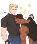  2boys bara beard belt between_pectorals bgp_122 black_gloves black_shirt black_tank_top blonde_hair blue_eyes blue_pants closed_mouth couple dark-skinned_male dark_skin face_to_pecs facial_hair fingerless_gloves gloves head_between_pecs head_on_chest looking_at_another male_focus multiple_boys muscular muscular_male overwatch pants pectorals reaper_(overwatch) shirt short_hair soldier:_76_(overwatch) tank_top taut_clothes taut_shirt white_background yaoi 