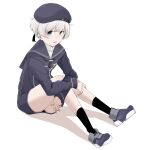  1girl absurdres bangs black_legwear blue_eyes blue_footwear blue_headwear clothes_writing commentary_request daigaku_jitome dress full_body hat highres kantai_collection long_sleeves open_mouth sailor_collar sailor_dress shadow short_hair simple_background sitting socks solo white_background z1_leberecht_maass_(kancolle) 