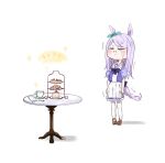  1girl :i animal_ears bangs bow brown_footwear cake cake_slice closed_mouth commentary_request cup ear_ribbon eyebrows_visible_through_hair food green_ribbon ha_(hura76752775) half-closed_eyes horse_ears horse_girl horse_tail mejiro_mcqueen_(umamusume) pleated_skirt puffy_short_sleeves puffy_sleeves purple_bow purple_eyes purple_hair purple_shirt ribbon saucer shirt shoes short_sleeves skirt solo standing swept_bangs table tail teacup thighhighs tiered_tray trembling umamusume v-shaped_eyebrows white_background white_legwear white_skirt 