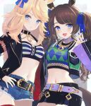  2girls animal_ears bangs belt blonde_hair blue_bow blue_eyes blue_nails blue_ribbon blush bow brown_hair choker closed_mouth collar commentary_request crop_top denim denim_shorts eyebrows_visible_through_hair gold_city_(umamusume) green_nails hair_bow hair_ribbon hand_on_hip highres horse_ears horse_girl horse_tail jewelry kkokko lips long_hair looking_at_viewer multiple_girls nail_polish navel necklace open_mouth red_nails ribbon short_shorts shorts smile swept_bangs tail tosen_jordan_(umamusume) twintails umamusume wavy_hair yellow_nails 