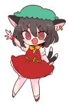  1girl animal_ears brown_hair cat_ears cat_tail chen dress earrings green_headwear hat highres jewelry mob_cap multiple_tails nekomata op_na_yarou red_dress short_hair simple_background single_earring tail touhou two_tails white_background 