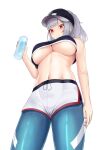  1girl azur_lane bangs bare_arms bare_shoulders black_headwear blue_pants blush bottle breasts closed_mouth cowboy_shot eyebrows_visible_through_hair from_below giulio_cesare_(azur_lane) giulio_cesare_(fitness_master)_(azur_lane) grey_hair hat highres large_breasts looking_down navel official_alternate_costume pants pants_under_shorts ponytail red_eyes shorts simple_background sleeveless solo underboob vik_(xypt7474) water_bottle white_background white_shorts 