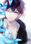  1boy blue_eyes ear_piercing highres jewelry lens_flare male_focus muon necklace original piercing pinwheel red_hair shadow short_hair smile solo sparkle summer white_background 