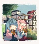  2girls back_bow bangs blue_hair blue_kimono blunt_bangs blush bow building bush chibi closed_eyes commentary day eating feet_out_of_frame food green_skirt hair_bow highres holding holding_food japanese_clothes kimono kotonoha_akane kotonoha_aoi long_hair long_sleeves multiple_girls on_bench open_mouth outdoors oyasumi_makura pink_hair pink_kimono red_bow red_skirt siblings sisters sitting skirt striped striped_bow upper_body voiceroid wide_sleeves 