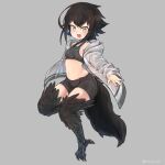  1girl :3 :d bare_shoulders bike_shorts black_hair breasts camisole fang feathers grey_background hood hoodie nyifu open_clothes open_hoodie open_mouth original short_hair shorts signature simple_background small_breasts smile solo tail talons yellow_eyes 