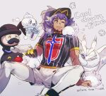  1boy arm_support baseball_cap bright_pupils champion_uniform closed_mouth commentary_request cup dark-skinned_male dark_skin drinking_straw english_text eyelashes facial_hair frosmoth gloves hat holding holding_cup holding_towel leggings leon_(pokemon) long_hair male_focus mr._rime one_eye_closed pokemon pokemon_(creature) pokemon_(game) pokemon_swsh purple_hair shield_print shirt shoes short_shorts short_sleeves shorts single_glove sitting smile snom snowflakes spread_legs stj_pkmn sweat sword_print towel vanillite white_legwear white_pupils white_shorts yellow_eyes 