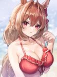  1girl absurdres ahoge animal_ears bikini bow breasts brown_hair cleavage closed_mouth collarbone daiwa_scarlet_(umamusume) eyebrows_visible_through_hair fang hair_bow hair_intakes highres horse_ears horse_girl large_breasts long_hair looking_at_viewer pout red_bikini red_bow red_eyes shino_sto skin_fang solo swimsuit umamusume upper_body 