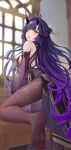  1girl :o aliasing back bare_shoulders breasts chinese_clothes elbow_gloves feet gloves hair_between_eyes hair_ornament honkai_(series) honkai_impact_3rd horns indoors long_hair looking_at_viewer looking_back no_shoes open_mouth purple_eyes purple_gloves purple_hair purple_legwear raiden_mei raiden_mei_(herrscher_of_thunder) sideboob soles solo table toes window youtuou 