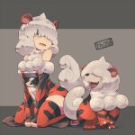  1girl bangs bare_shoulders claws commentary_request creature_and_personification fang grey_eyes grey_hair hair_over_one_eye hisuian_growlithe kuromiya long_bangs medium_hair open_mouth orange_legwear personification pokemon pokemon_(creature) pokemon_ears pokemon_tail smile tail thighhighs tongue 
