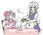  2girls apron bat_wings black_eyes blue_dress braid collared_shirt cup dress empty_eyes green_neckwear hat highres izayoi_sakuya light_blue_hair maid maid_apron maid_headdress meme mob_cap multiple_girls peroponesosu. pinching puffer_fish puffer_fish_vomiting_water red_eyes remilia_scarlet roman_numeral shirt short_hair short_sleeves silver_hair simple_background slit_pupils table teacup touhou twin_braids white_background wings 