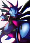 absurdres commentary_request eye_trail fangs glowing glowing_eyes highres hydreigon light_trail looking_at_viewer multiple_heads no_humans open_mouth pokemon pokemon_(creature) purple_eyes ririri_(user_rkrv7838) simple_background solo tongue white_background 