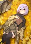  1girl :o a.i._voice autumn_leaves bangs black_legwear black_shirt blush book brown_coat brown_panties coat collarbone commentary dated eyebrows_visible_through_hair from_above ginkgo_leaf hair_ornament hairclip highres long_sleeves looking_at_viewer lying nekopan_mashiro on_back on_ground open_book open_clothes open_coat open_fly open_mouth open_skirt panties panty_peek purple_eyes purple_hair shirt shirt_removed short_hair signature skirt sleeves_past_wrists solo taut_clothes taut_shirt thighhighs unbuttoned underwear vocaloid voiceroid yuzuki_yukari yuzuki_yukari_(shizuku) zettai_ryouiki 