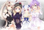  4girls ;d animal_ears ayanami_(azur_lane) ayanami_(nightfall_raiment)_(azur_lane) azur_lane bare_shoulders black_bow black_dress blonde_hair blue_bow blue_flower blue_ribbon bouquet bow breasts bridal_veil cleavage clothing_cutout cross detached_sleeves double_v dress fake_animal_ears flower gloves green_eyes grey_background hair_flower hair_ornament headgear high_ponytail highres holding holding_bouquet iron_cross javelin_(azur_lane) javelin_(blissful_june_bride)_(azur_lane) laffey_(azur_lane) laffey_(white_rabbit&#039;s_oath)_(azur_lane) light_brown_hair long_hair looking_at_viewer maya_(tirolpop) medium_breasts medium_hair multiple_girls odd_one_out official_alternate_costume one_eye_closed open_mouth orange_eyes ponytail purple_dress purple_eyes purple_hair rabbit_ears red_flower red_rose ribbon rose see-through simple_background sleeveless sleeveless_dress small_breasts smile stomach_cutout strapless strapless_dress turtleneck_dress upper_body v veil wedding_dress white_dress white_gloves white_hair white_sleeves z23_(azur_lane) z23_(schwarze_hochzeit)_(azur_lane) 