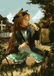  1girl 7ife absurdres animal_ears arknights black_jacket black_ribbon blue_dress blue_eyes blue_sky brown_hair cat_ears closed_mouth cloud commentary day dress english_commentary grass hair_ribbon highres iris_(arknights) jacket long_hair long_sleeves looking_away looking_to_the_side outdoors painterly profile ribbon shoulder_strap sitting sky solo wariza 