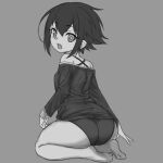  1girl ass fang greyscale looking_at_viewer looking_back monochrome no_pants nyifu original panties seiza short_hair simple_background sitting solo underwear 