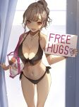  1girl :d absurdres bag bangs bare_arms bare_shoulders bikini black_bikini blush breasts brown_eyes brown_hair cleavage collarbone commentary curtains earrings english_text eyeshadow feet_out_of_frame free_hugs front-tie_bikini front-tie_top halterneck highres holding holding_sign jewelry koh_(minagi_kou) large_breasts looking_at_viewer lotion_bottle makeup mole mole_on_breast necklace open_mouth original short_hair short_ponytail shoulder_bag side-tie_bikini sign smile solo standing stud_earrings swimsuit walk-in 