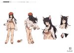  1girl animal_ears anime_coloring bakemonogatari black_hair cabbie_hat character_sheet full_body glasses hanekawa_tsubasa hat highres long_hair monogatari_(series) multiple_views official_art pajamas platform_footwear polka_dot polka_dot_pajamas production_art rimless_eyewear sandals scan seal_script simple_background standing turnaround white_background zip_available 