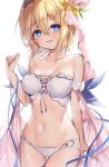  1girl 40_(0f0urw) :d absurdres ass_visible_through_thighs bangs bare_shoulders bikini blonde_hair blue_eyes blue_ribbon breasts cleavage collarbone cowboy_shot europa_(granblue_fantasy) eyebrows_visible_through_hair granblue_fantasy hair_ornament highres looking_at_viewer medium_breasts navel open_mouth ribbon shawl short_hair simple_background smile solo stomach strapless strapless_bikini swimsuit thigh_gap white_background white_bikini 