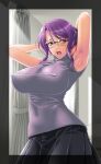  1girl armpits arms_up black_skirt border breasts commentary_request covered_nipples curtains glasses grey_sweater hair_bun highres indoors large_breasts lips looking_at_viewer mizoro_tadashi mole mole_under_mouth open_mouth original pleated_skirt purple_eyes purple_hair sidelocks skirt sleeveless sleeveless_turtleneck solo standing sunlight sweat sweater turtleneck turtleneck_sweater window 