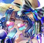  1girl bangs blue_sky eating eyebrows_visible_through_hair food highres ice_cream komeiji_koishi looking_over_eyewear looking_to_the_side short_hair sky solo sunglasses sunlight suzune_hapinesu tinted_eyewear touhou upper_body 