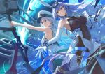 2girls :3 aiming armpits azur_lane bangs bare_arms bare_shoulders blue_eyes blue_hair bodystocking bow_(weapon) breasts closed_mouth commentary_request covered_navel elbow_gloves electricity enterprise_(azur_lane) eyebrows_visible_through_hair from_below gloves hat headgear highres holding holding_bow_(weapon) holding_weapon large_breasts long_hair mossi multiple_girls new_jersey_(azur_lane) official_art peaked_cap purple_eyes shirt silver_hair skirt sleeveless sleeveless_shirt smile turret very_long_hair weapon white_gloves white_headwear white_shirt white_skirt wrist_guards 